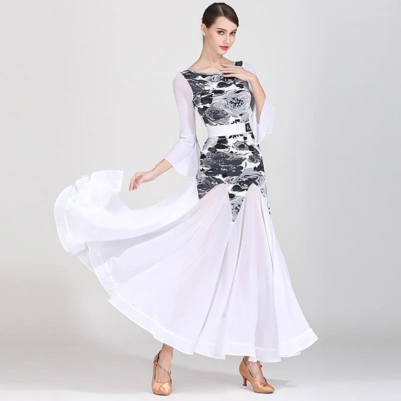 Scene Wear Floral Ballroom Dance Dress Women White Designer Clothes Waltz Dancer Outfit Costume Modern Dancewear JL2701