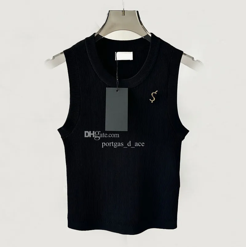 Schwarzes gestricktes Tanktop für Damen, T-Shirt mit Pin, sexy, dünnes, ärmelloses Damen-Tanktop, Sommer, cooles Urlaubs- und Alltagsshirt