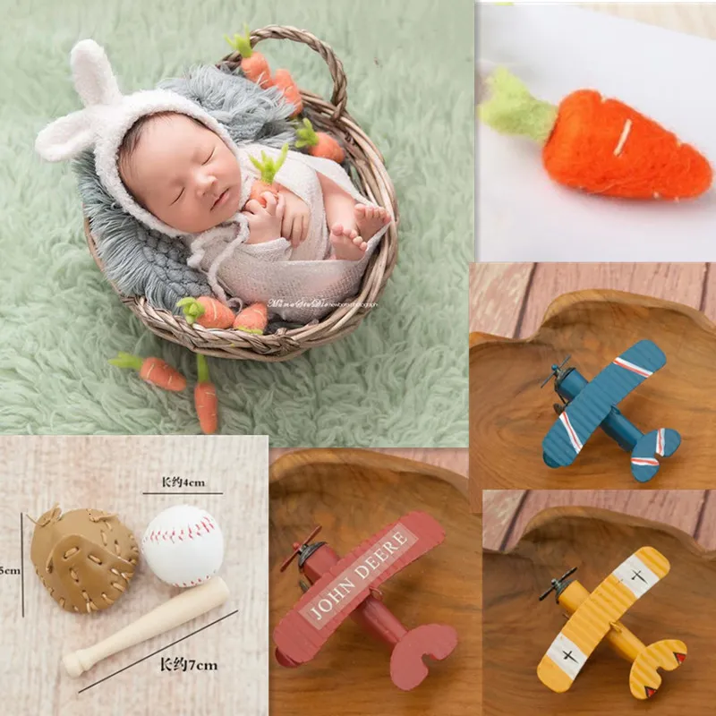 Newborn Photography Props Baby Dolls Lovely Small Toy Mini Plane Felt Carrot Full-moon Photo Decorations Mini Props