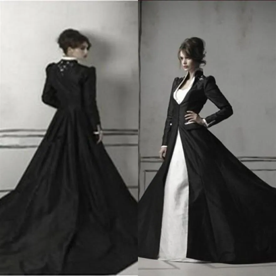Gothic Black and White Mermaid Wedding Dresses with Long Sleeves Coat Sweetheart Trumpet Chapel Train Satin and Lace Bridal Gowns 177A