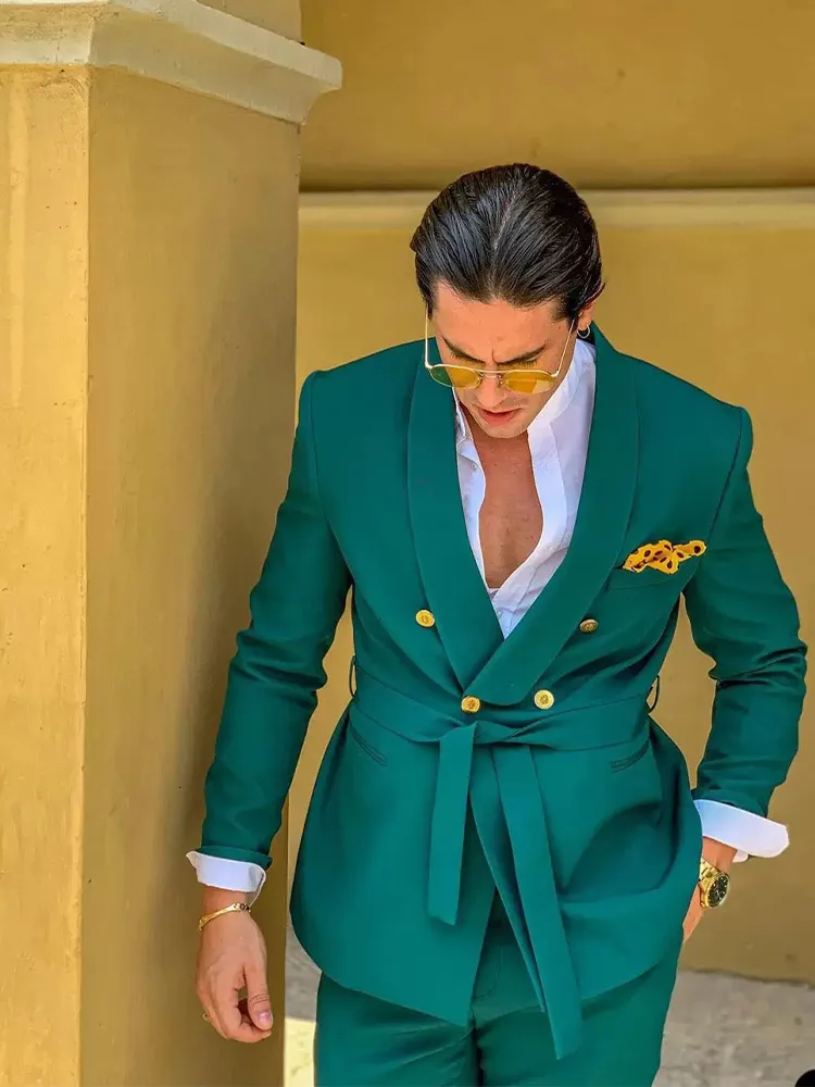 メンズグリーンスーツブレザーセット：ダブルブレストのツーピース