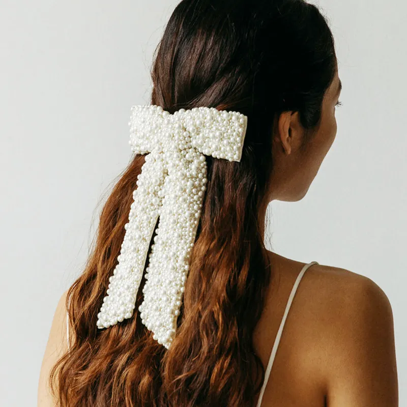 Headwear Hair Accessories Luxury White Full Pearls Hairclip Bows Ribbon Barrette Girls Bow Hairpins Wedding Clips for Women 230801
