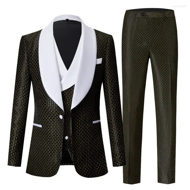 Мужские костюмы зеленый черный темно -синий точка Slim Fit Fit Troom Tuxedo Patterbembent Bints Vate 3 Piece Set с белым отворотом