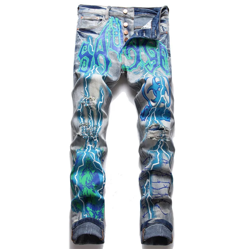 Mäns jeans män trycker jeans streetwear bokstäver Lightning Painted Stretch Denim Pants Vintage Blue Ripped Button Fly Slim avsmalnande byxor 230731