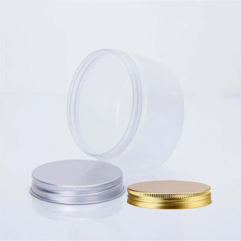 100ml 200ml Transparent PET Plastic Jars Storage Cans Round Bottle with Gold Aluminum Lids for cream, lotion, mud mask, lip balm