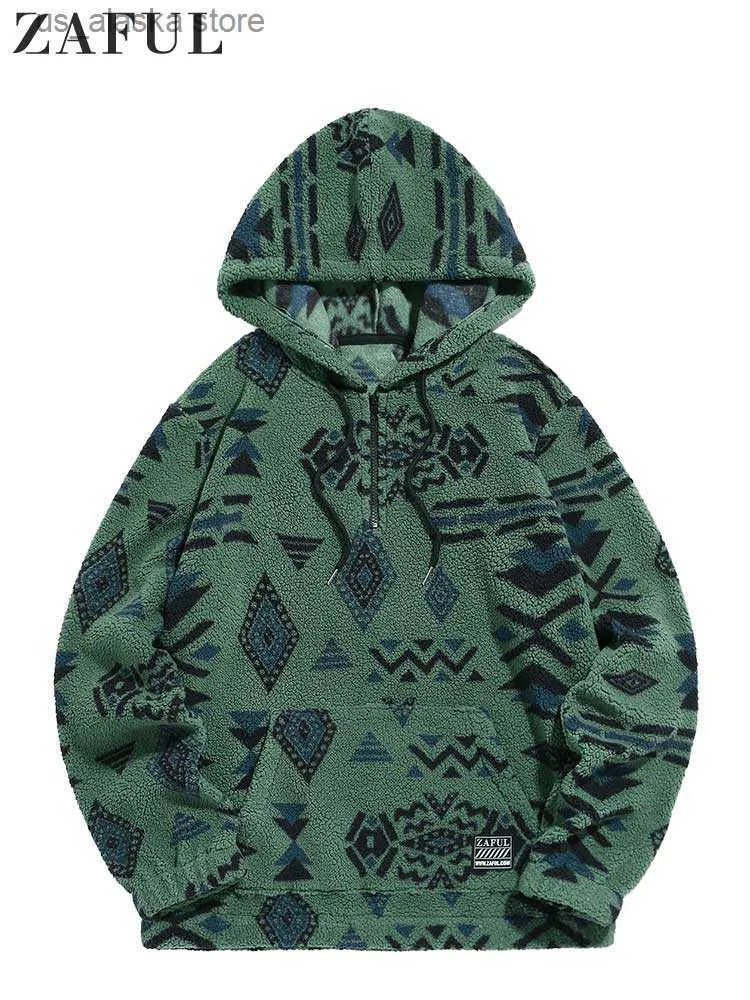 Men's Hoodies Sweatshirts ZAFUL Hooded Hoodie for Men Ethnic Aztec Print Fuzzy Sweatshirts Unisex Streetwear Pullover Fall Winter Sweats Warm Jumper T230731
