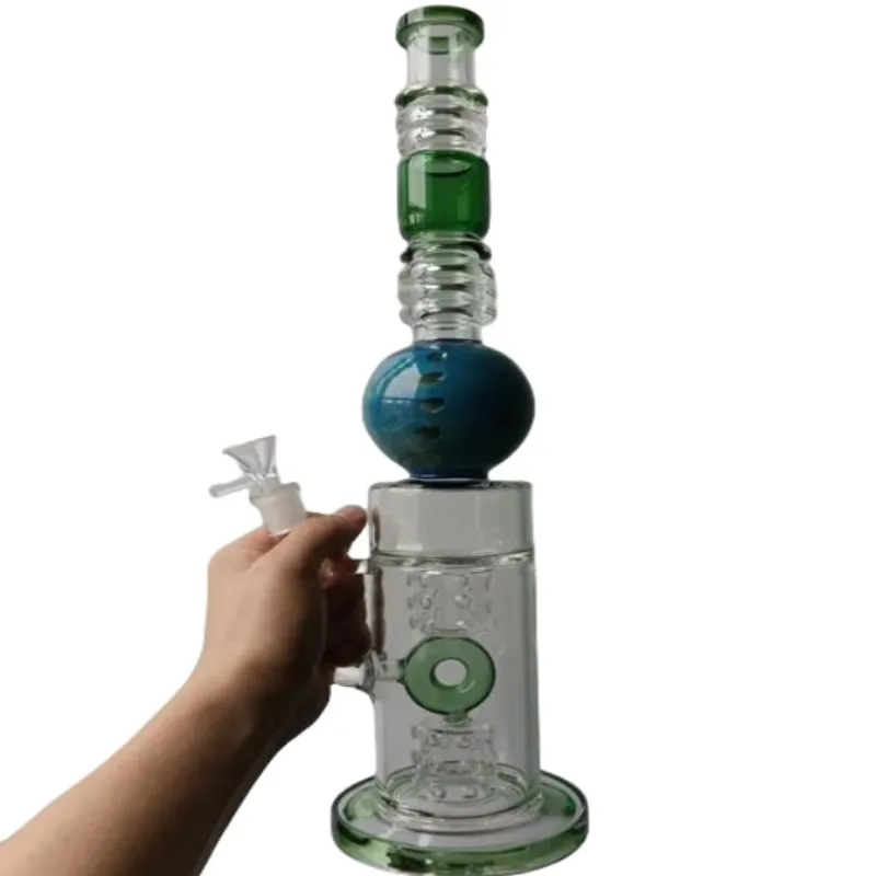 18 inç hassas cam bong sarı yeşil dab teçhizat yuvarlak top tasarımı shisha 14mm sigara boru eklemi