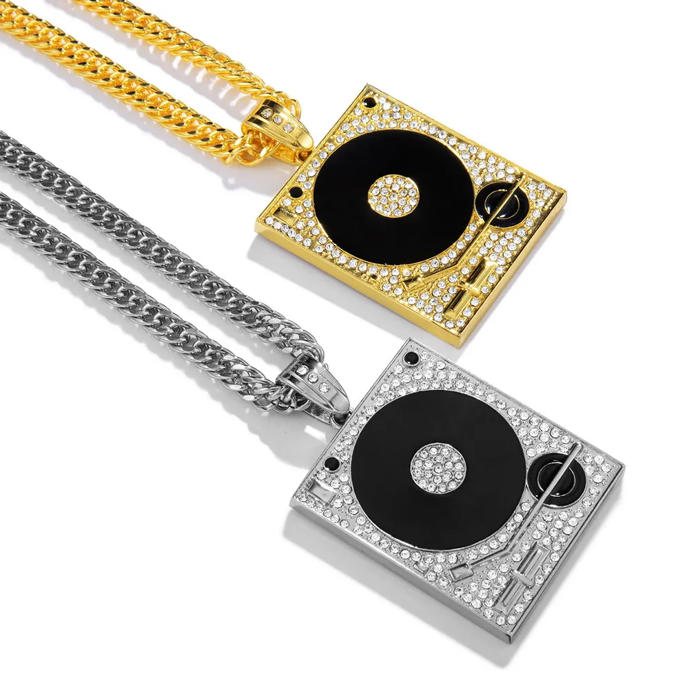 Persönlichkeit Hip Hop DJ Phonograph Anhänger Halsketten Hipster Punk Schmuck gedrehte lange Ketten 90 cm für Männer Frau Hip-Hop Lieferanten Gold Silber