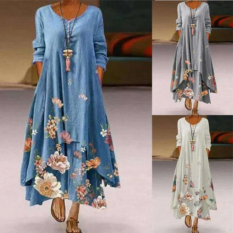 Style Floral Print Long Sleeve Dress Womens Irregular Woman Clothing