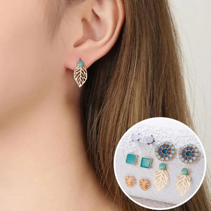 Stud Earrings 5 Pairs Women Colored Rhinestone Flower Golden Hollow Leaf Round Square Elegant Girls Fashion Jewelry Gift