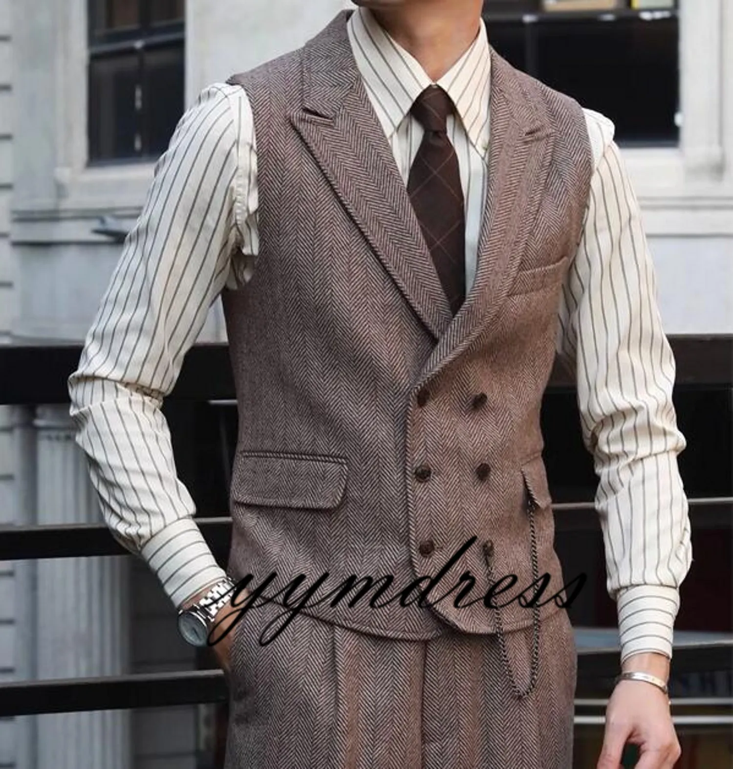 Rustic Brown Groom Vests Wool Herringbone Tweed Men's Suit Prom Party Dinner Morning Slim Fit Mens Dress Vest Custom Wedding Waistcoat In Stock