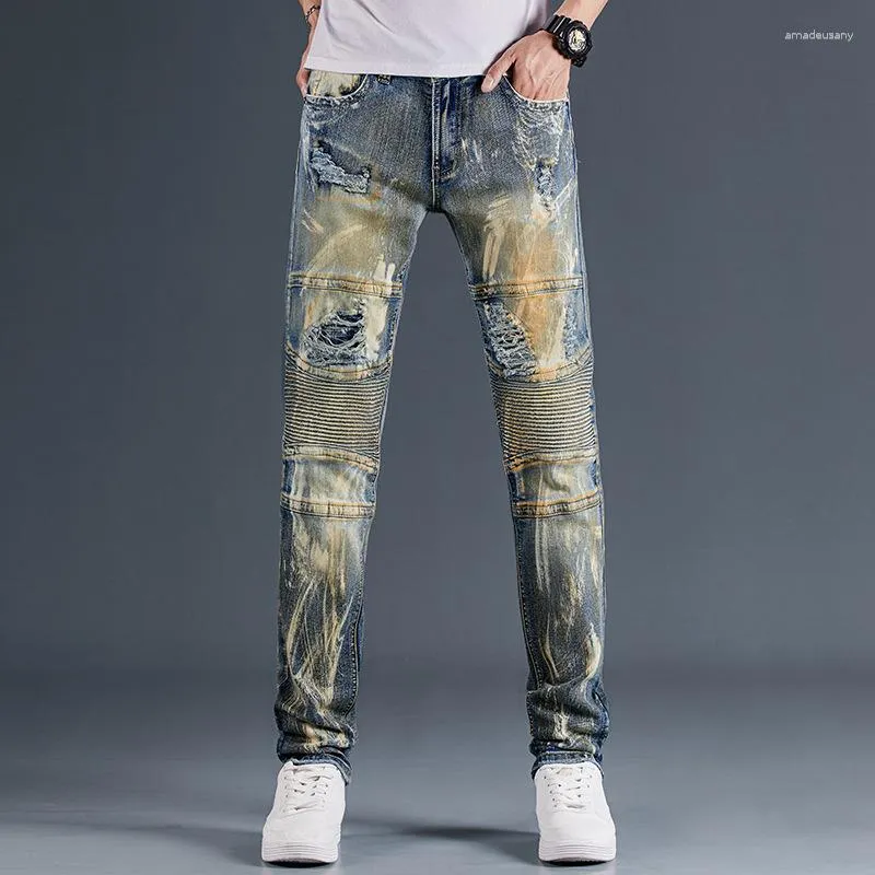 Jeans pour hommes épissé moto artisanat lourd nostalgie cassé coupe Stretch jambe droite Denim pantalon