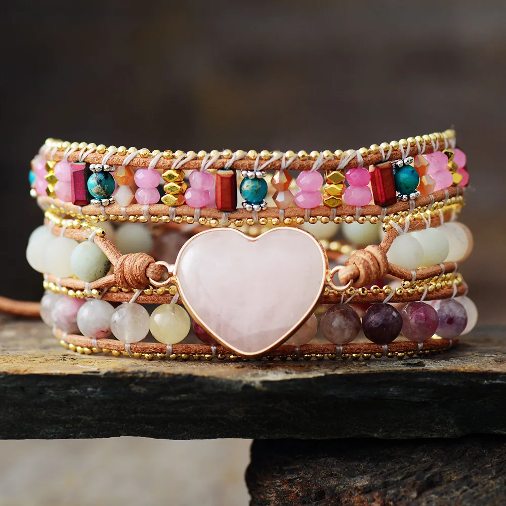 Romantic Pink Leather Wrap Rose Quartz Tourmaline Heart Strands