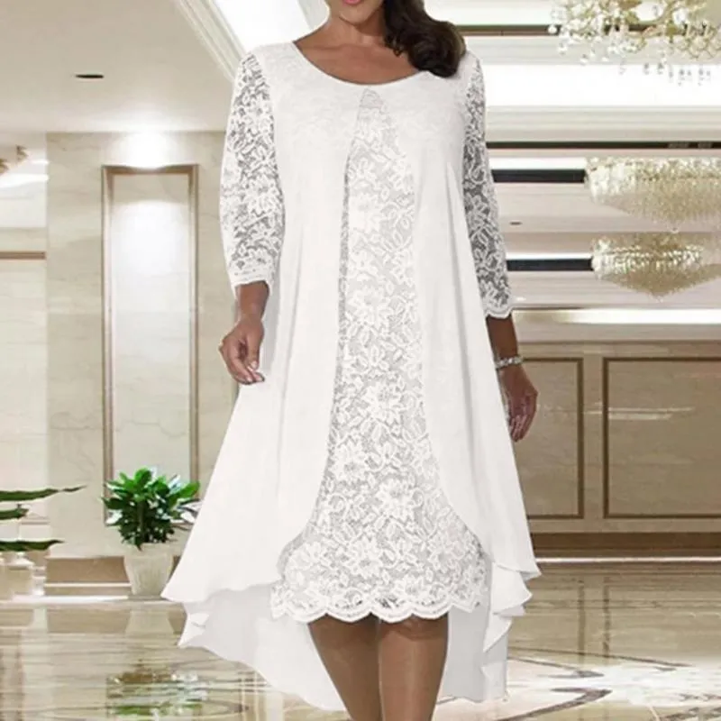 chinese dress ladies AnnoMundi Layered Lace High Neck Midi Dress with Asymmetric Hem White / L