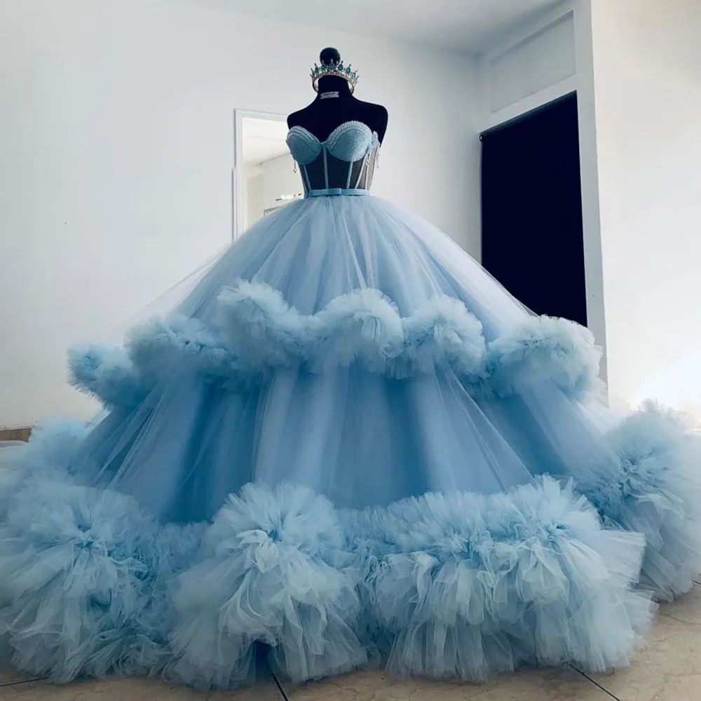 Blauw Verstoorde Tule Prom Jurken Sweetheart Baljurk Quinceanera Jurk Gelaagde Rok Kralen Womens Verjaardag Fotoshoot Toga