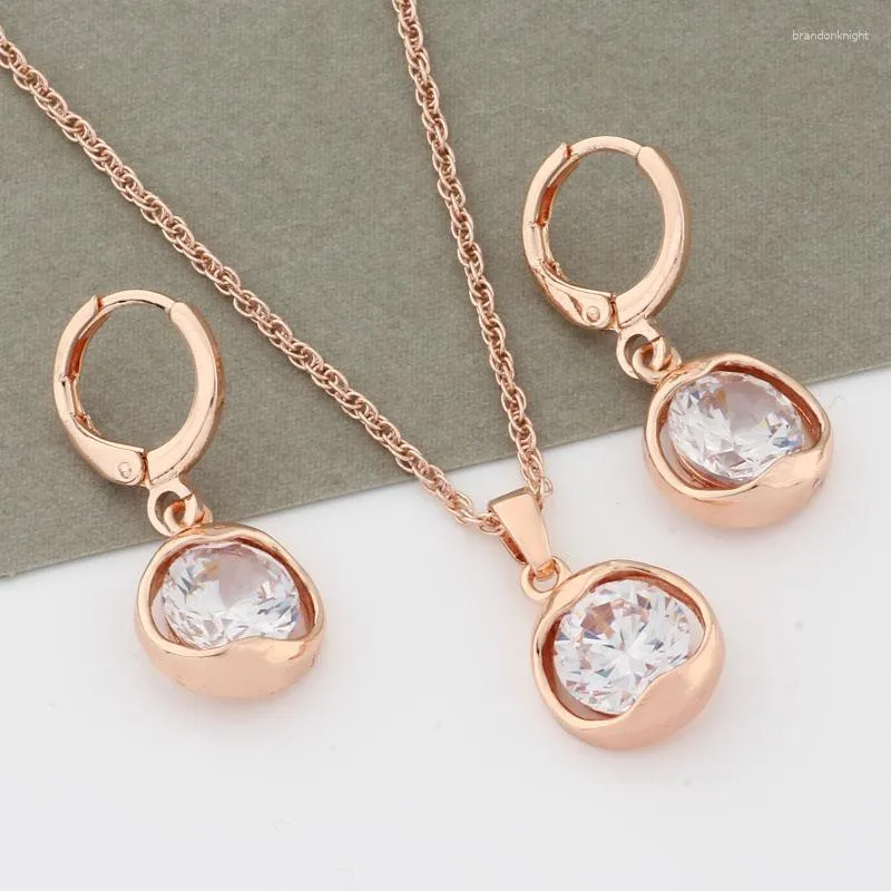 Necklace Earrings Set Trend 585 Rose Gold Color Simple Round Sets Fashion Natural Zircon For Women Vintage Jewelry