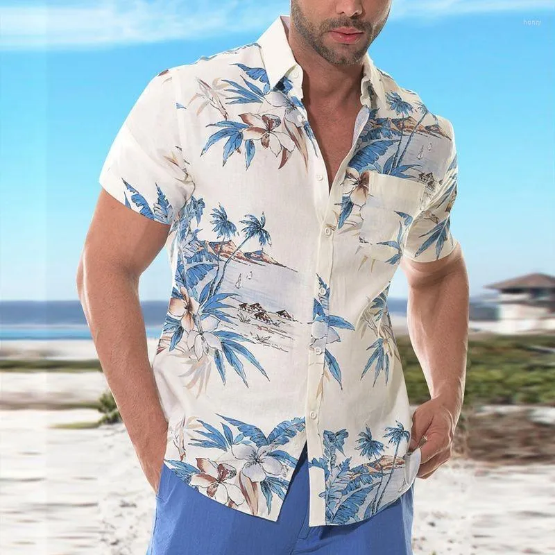 Mäns casual skjortor 2023 sommarskjorta fashionabla hawaiian tryck kortärmad rull krage strandblå blommig kläder fritid semester