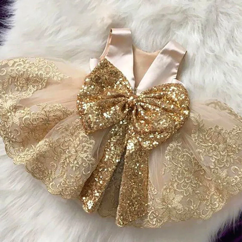 Girls Dresses Big Bow Flower Champagne 1srt Birthday Dress Baby