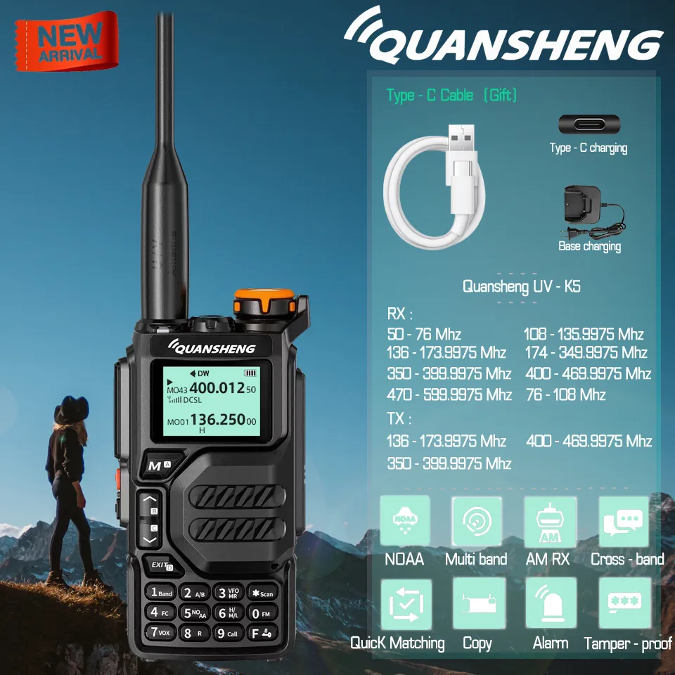 Walkie Talkie Quansheng UV K5 Ar de Longo Alcance Banda Dupla 2 Vias Rádio 5W Alta Potência 1600mAh Portátil 200 Canais Livre Cabo TPYE C 230731