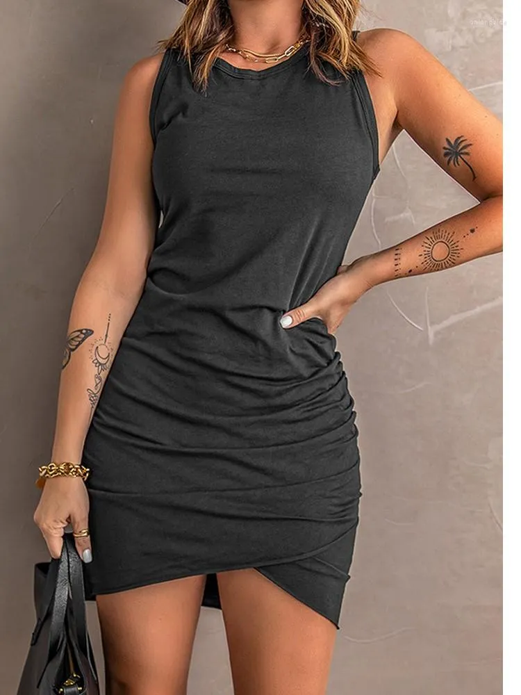 Sıradan Elbise Seksi Parti Kulübü Mini Bodycon Vestidos Mujer kolsuz O boyun ince siyah yazlık elbise kadınlar 2023 Midi Beach Femme