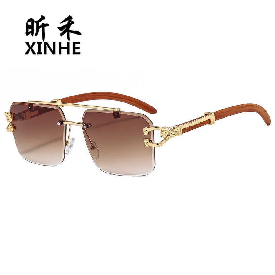 2024 New luxury designer Fashionable frameless cut edge small frame modern men's and women's double beam glasses ocean lenses leopard sunglasses