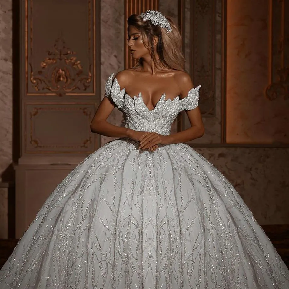 Glitter fora do ombro vestido de baile vestidos de noiva 2021 luxo brilhante sem costas vestidos de noiva com trem longo vestidos de novia robe ma277h