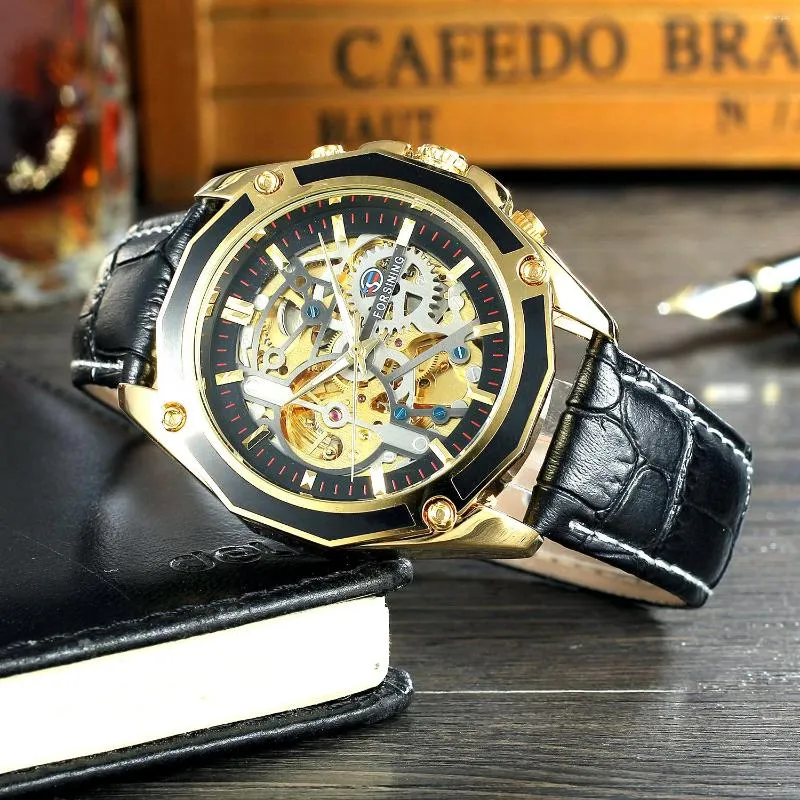 Armbanduhren FORSINING Steampunk Mechanische Uhren Militär Skeleton Automatische Uhr Für Männer Lederband Gold Schwarz Uhr