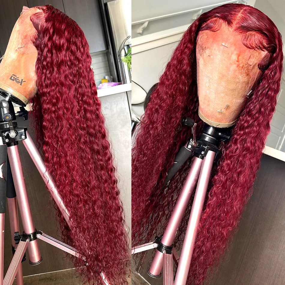 Vermelho 99J Borgonha Colorido Deep Wave Lace Frontal Wig HD Lace Front Wigs Brasileiro Encaracolado Front Simulação Perucas de Cabelo Humano Para Mulheres