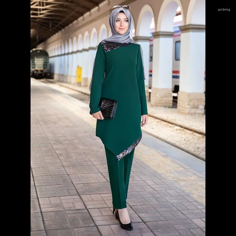 Etnisk kläd Turkiet Ramadan Muslim Set Women Fashion Long Sleeve Pärlor Splicing Blus Wide Leg Pant Vintage Casual Elegant Suit