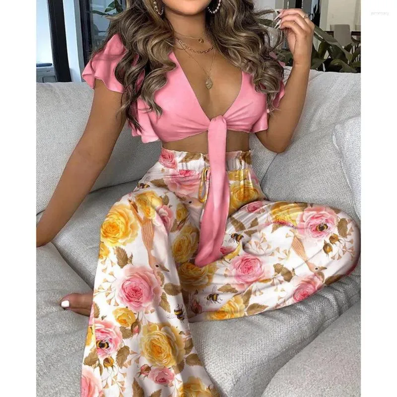 Women's Two Piece Pants Summer Sexy V-neck Lace-up Crop Top Set Women Fashion Loose Casual Leg Wide Suit Vintage Polka Dot Print Holiday