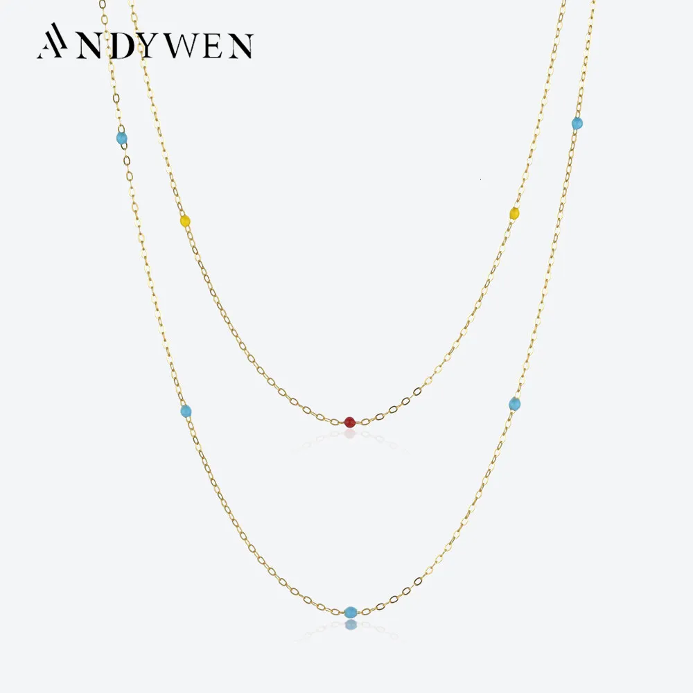 Strängar strängar Andywen 925 Sterling Silver Spring Rainbow Turquoise Emamel Charm Pärlor Choker Långkedja Necklacethin Definitiva fina juveler 230801