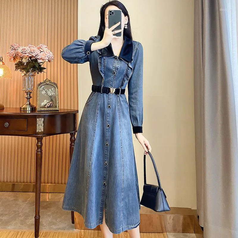 Casual Jurken 2023 Vrouwen Lente Herfst Mode Lange Denim Jurk Vrouwelijke Mouw Cowboy Dames Slanke Vestido Streetwear O125