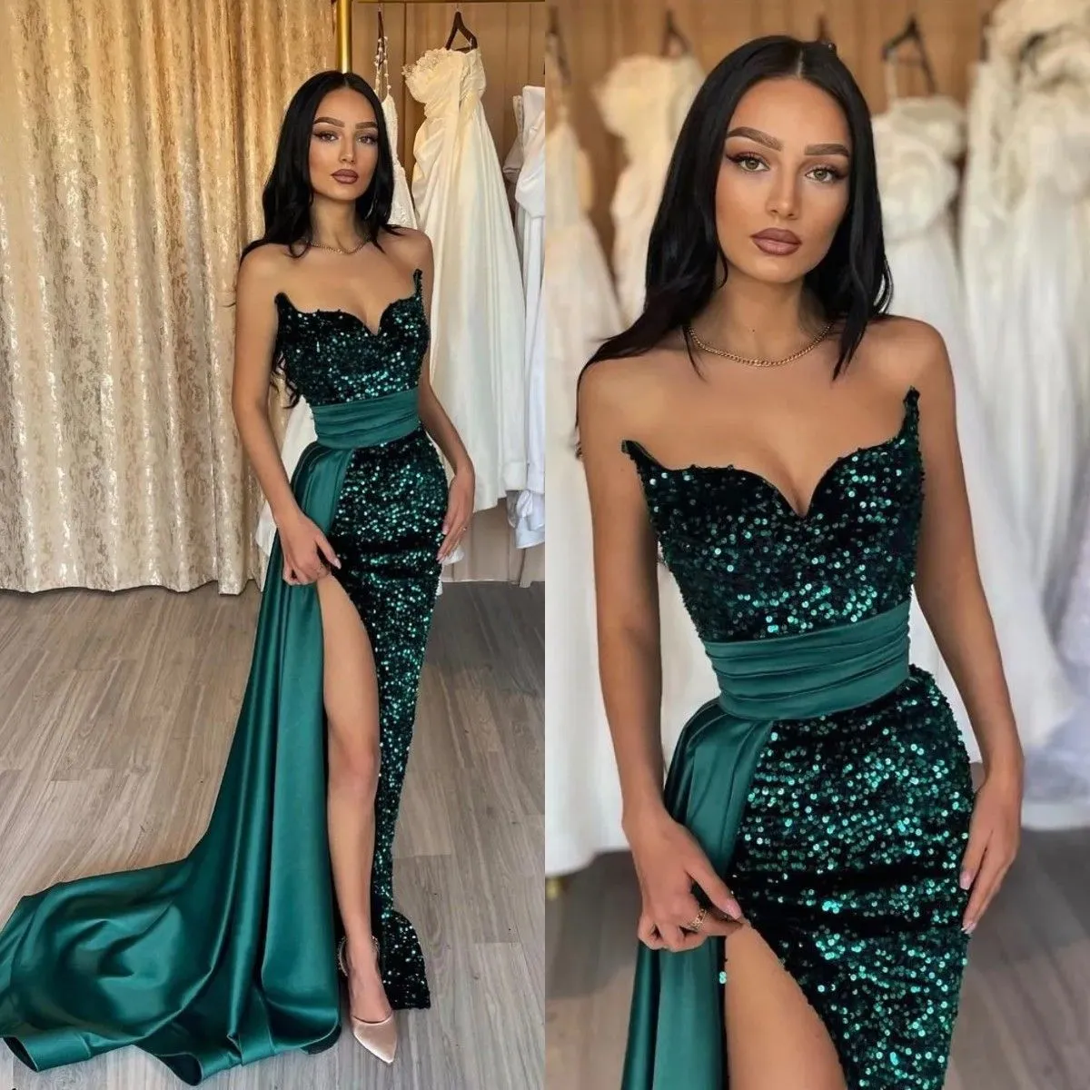 Green Prom Prom Sequins Taist Decoration Party Robe Night Split Pleas Pleas Robes for Special OCN