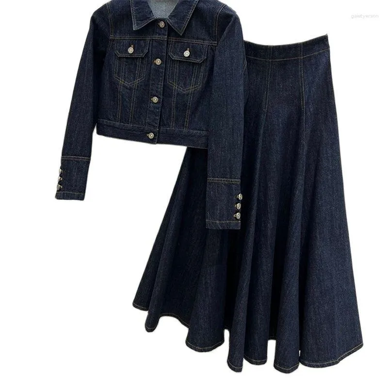 Work Dresses 23 Fashion Denim Jacket Skirt Set Women Chic Pockets Single Breasted Long Sleeve Tops High Waist A-line Big Swing Pleated