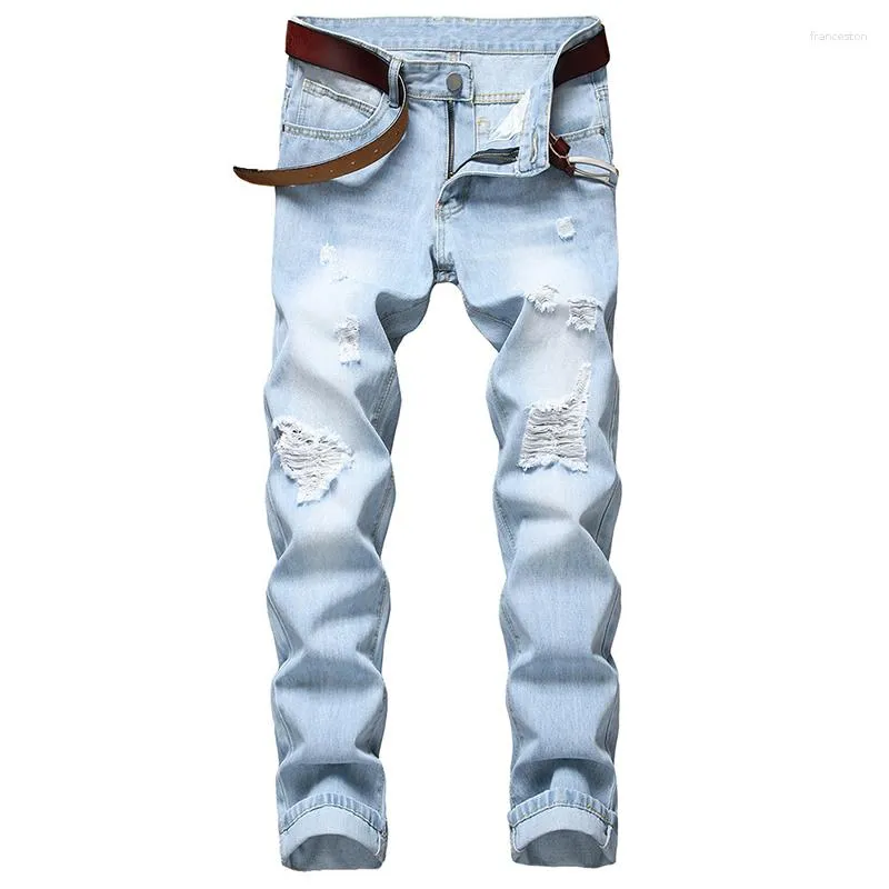 Men's Jeans 2023 Men Denim Straight Worn Hole Europe And America Light Blue Classic Old Plus Size Pants