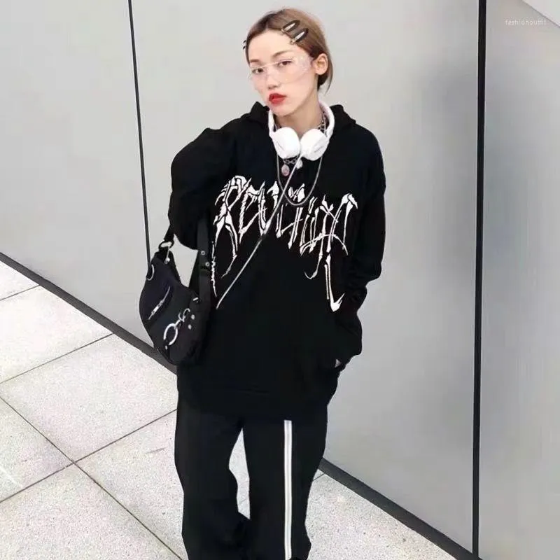 Felpe con cappuccio da donna Deeptown Gothic Emo Graphic Black Felpa con cappuccio Donna Punk Streetwear Dark Skeleton Felpa Grunge Oversize Donna manica lunga