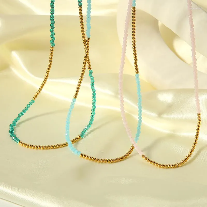 Choker 18k Verguld Roestvrij Staal Aqua Groen Lichtroze Kristallen Glazen Kralen Strand Kettingen Voor Vrouwen Handgemaakte Sieraden Cadeau