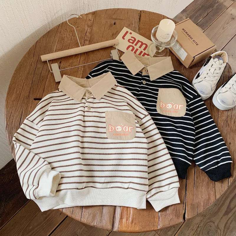 Hoodies Sweatshirts Autumn Boys Striped Contrast Color Lapel Collar Tops Patchwork Pocket Children Outfit Kids Long Sleeve Pullover 230801