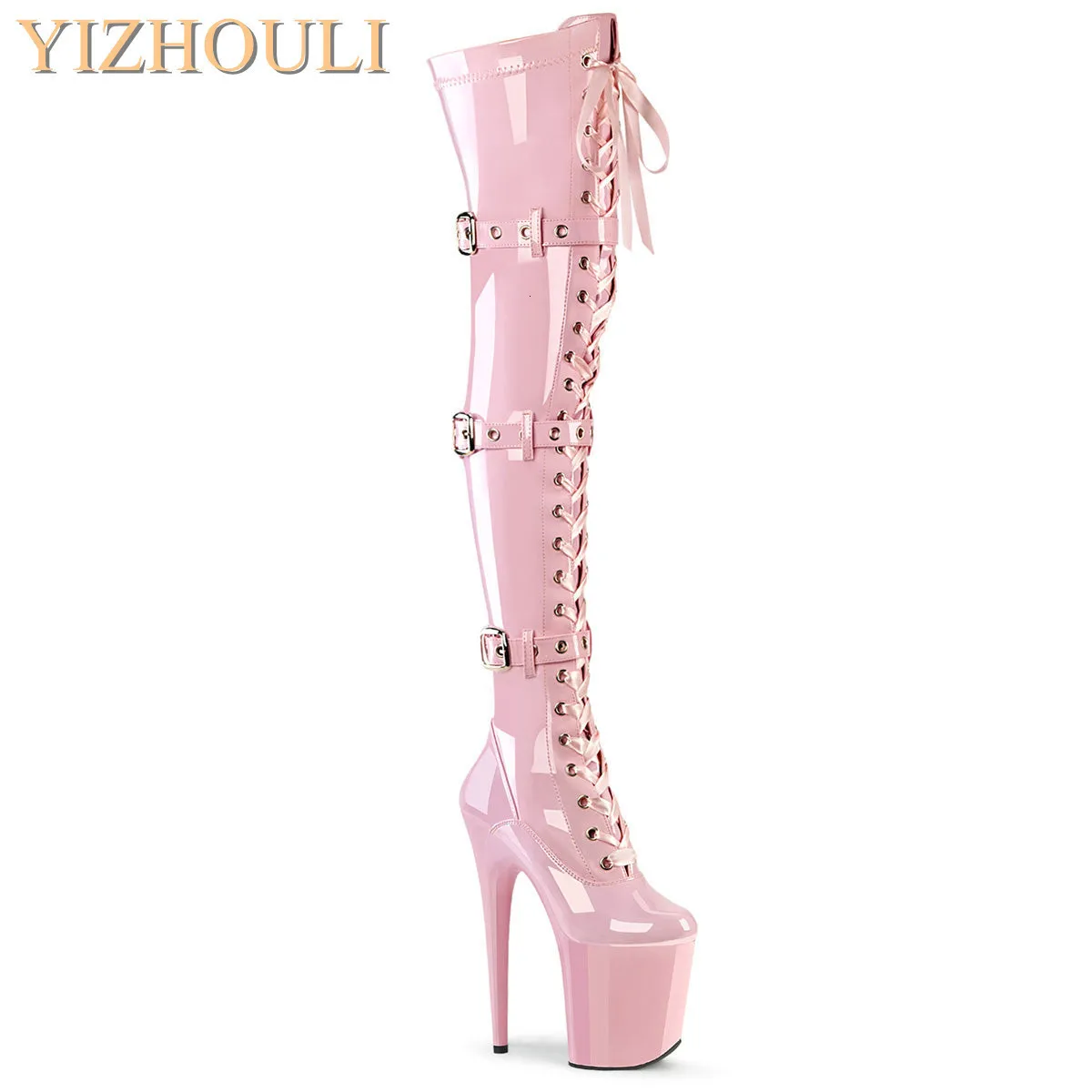 Boots Pink 12-23cm الكعب العالي حجم الإبزيم التعديل مستدير راقصة الراقصة الأزياء المثيرة أداء المدرج لأحذية الفخذ 230801