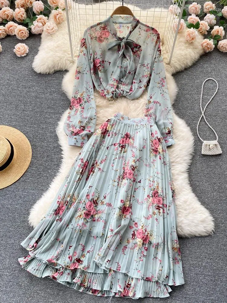 Work Dresses 2023 Spring Autumn Chiffon Two Piece Sets Women Fashion Bow Bandage Blouse Top Pleated Long Skirt Floral Printed Outfits