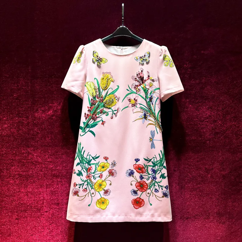 2023 Summer Pink Floral Print Dress Kort ärm Runda nack Knäslängd Casual Dresses A3Q122153