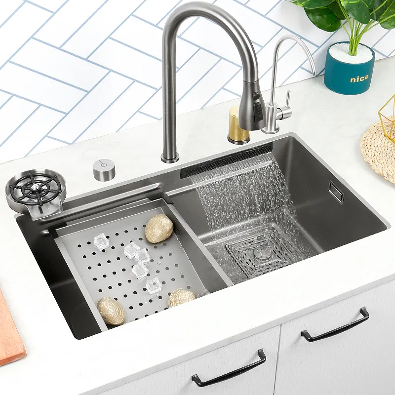 Waterfall Sink Nano 304 Stainless Steel Kitchen Sink Single Bowl Wash Basin With Waterfall Faucet For Kitchen Renovation