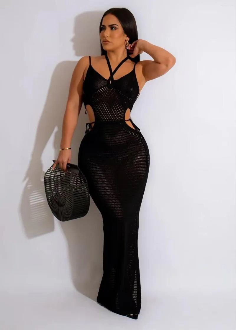 Vestidos Casuais Zoctuo Summer Beach Halter Black See Through Dress Sexy Lace Up Backless Sleeve Mesh Mesh Oco Out Split Skirt Club Holiday