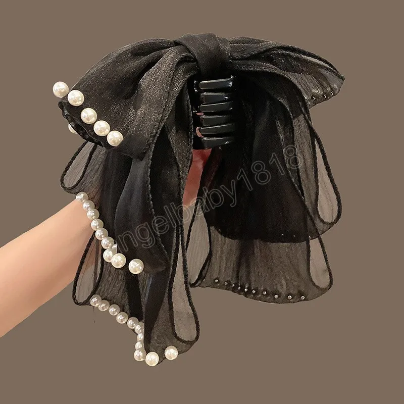 Vrouw Grote Drie lagen Gaas Parel Lint Strik Haar Klauwen Lady Haarspelden Haarspeldjes Gilrs Elegante Haarspeldjes Haaraccessoires