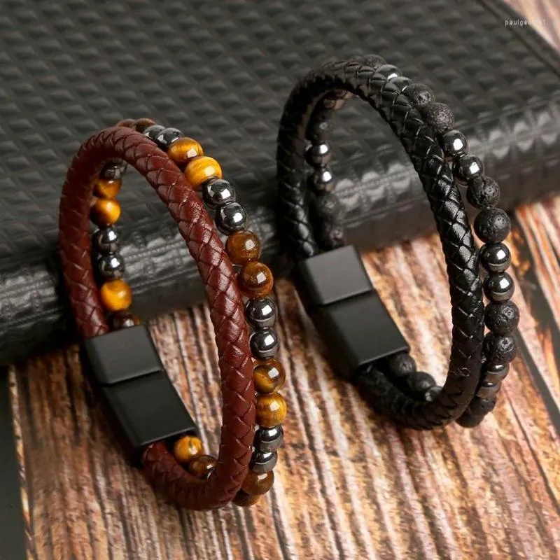 Charm Bracelets Trendy Men Classic Fashion Double-Layers Handmade Bead And Leather Combination Tiger Eye For Jewelry Gifts