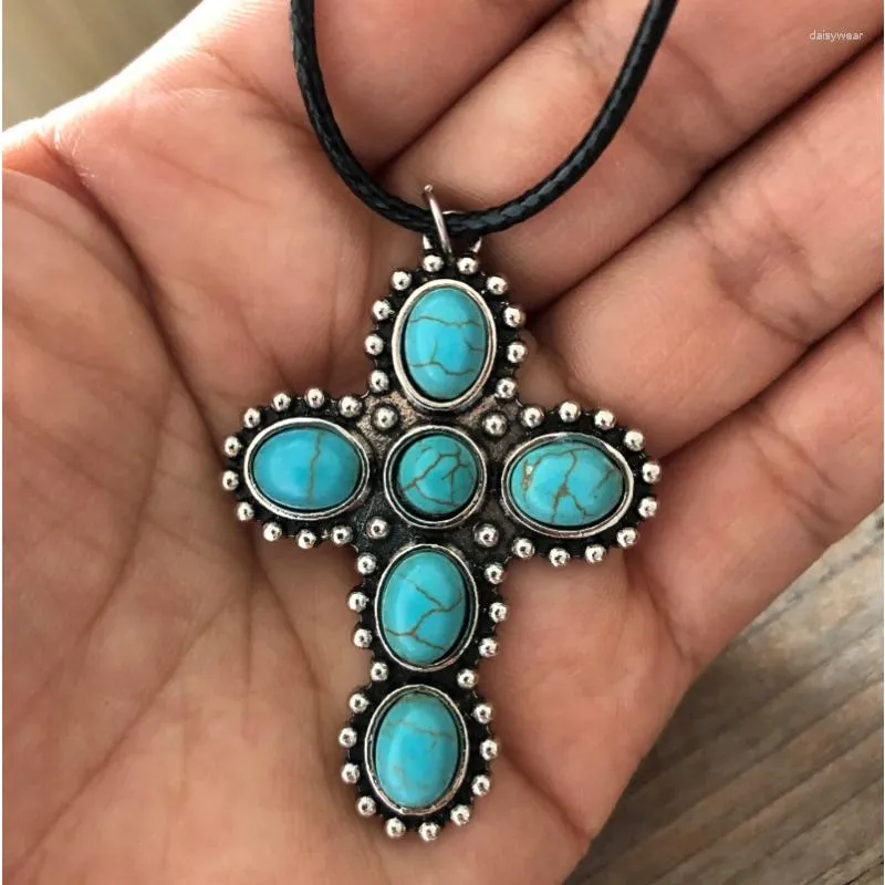 Pendant Necklaces Vintage Ethnic Style Faux Turquoise Cross For Women Antique Silver Color Black Rope Chain Party Jewelry