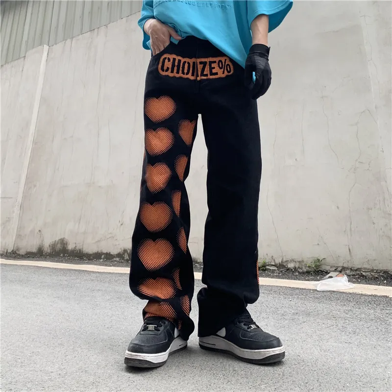 High Street Hiphop Pantalons Graffiti Jeans Hommes Hip Hop Loose Straight Leg Pants