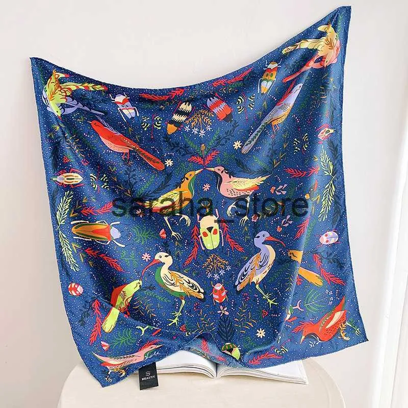 Scarves 90cm Manual Hand Rolled Twill Silk Scarf Women Bugs And Bird Print Square Scarves Wrap Echarpe Foulards Femme Bandana Lady Hijab J230801