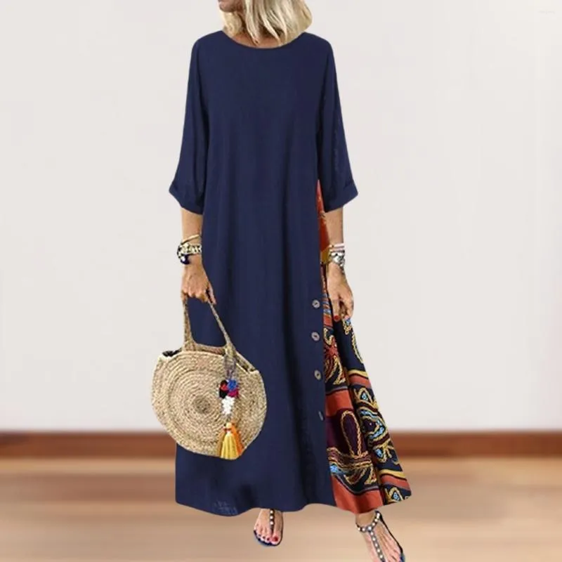 Casual Dresses Women Maxi Dress Three Quarter Sleeve Cotton Linen Oversized Solid Color Crew Neck Button Decor Vestido