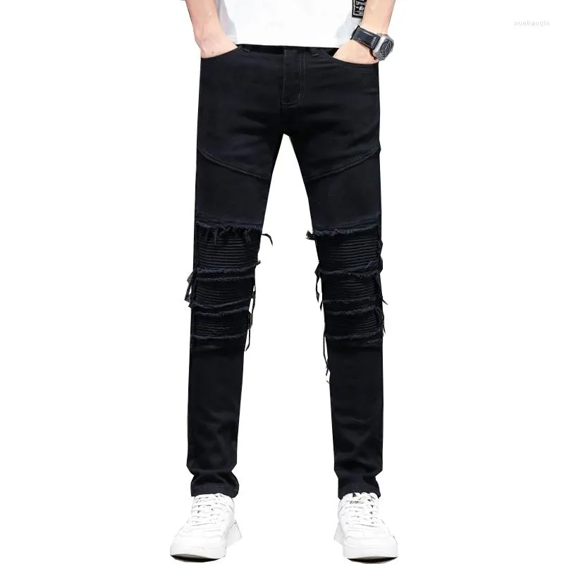 Jeans masculino rasgado preto elástico justo skinny fit plissado designer hip hop desgastado motobiker meninos calças jeans